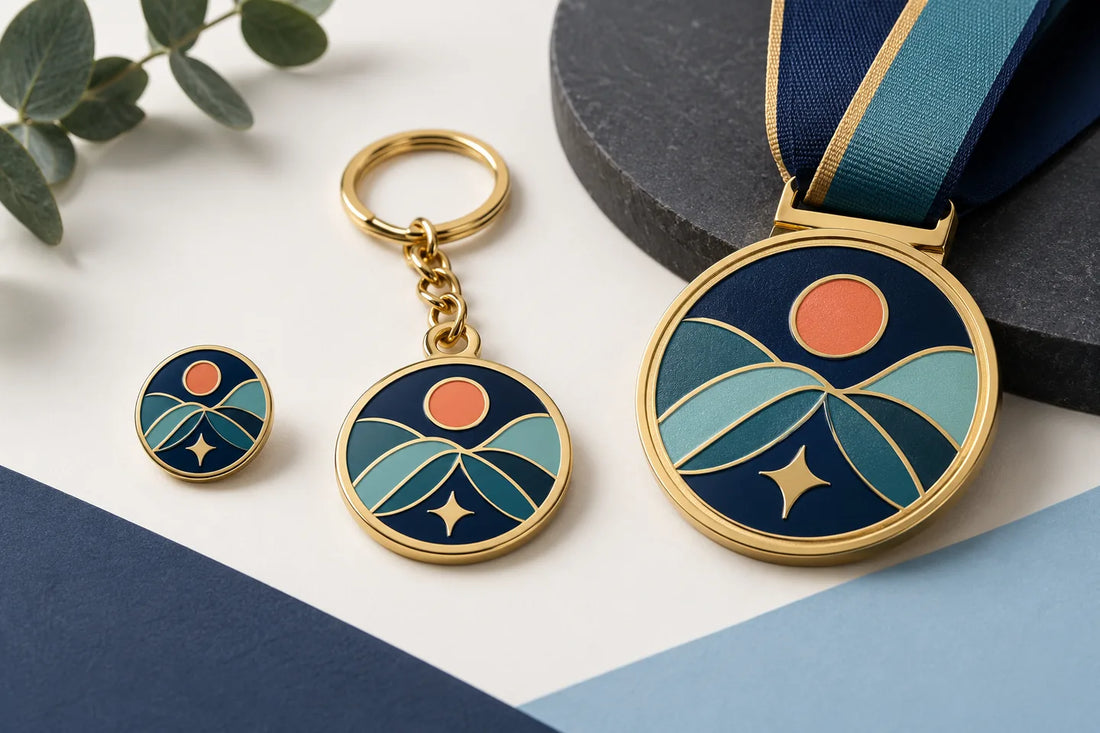 Coordinated custom enamel pin, metal keychain, and award medal using one visual system