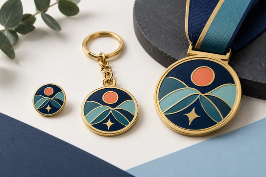 Coordinated custom enamel pin, metal keychain, and award medal using one visual system