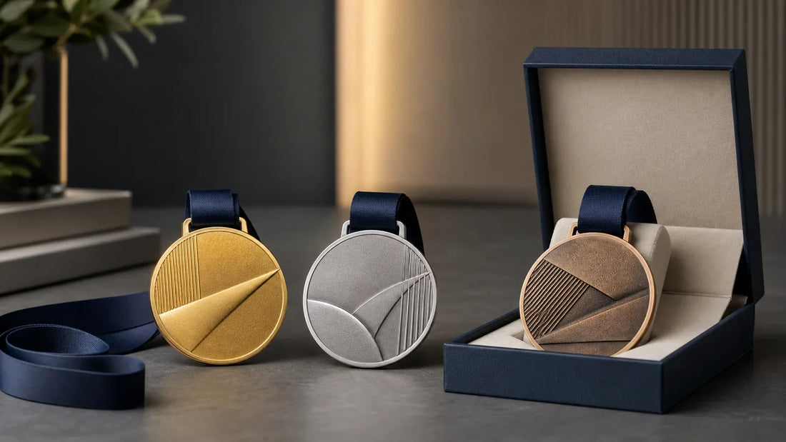 Gold, silver and antique bronze custom medals prepared for an employee recognition program