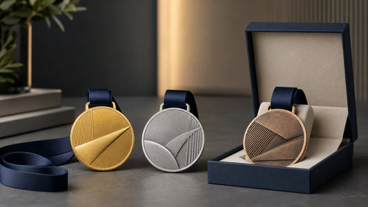 Gold, silver and antique bronze custom medals prepared for an employee recognition program