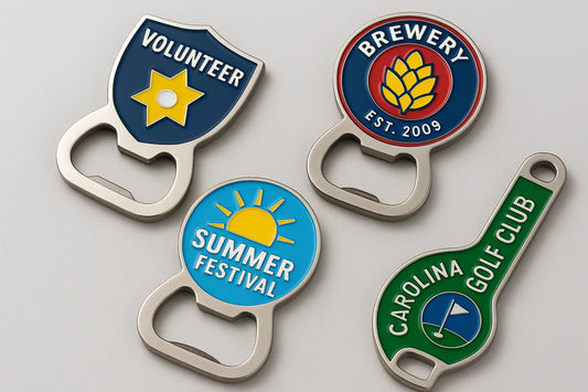 Custom metal bottle opener designs with enamel branding and functional opening shapes
