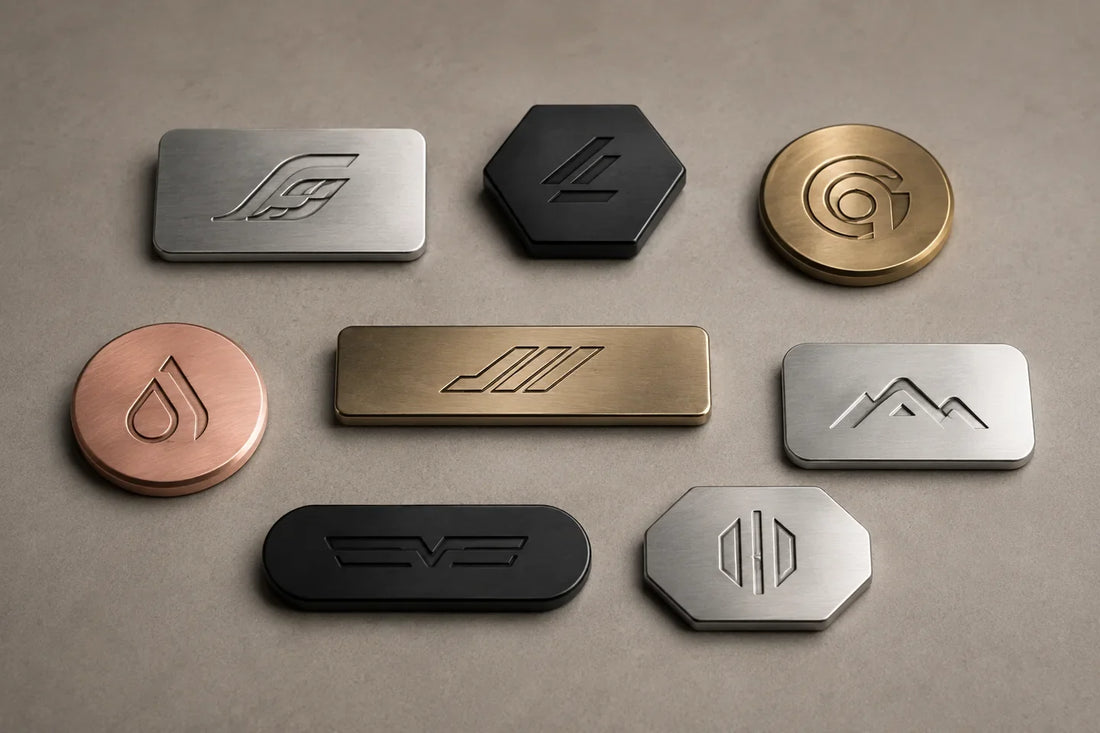 Custom metal nameplates in brushed, matte black, brass, rose gold, and silver finishes
