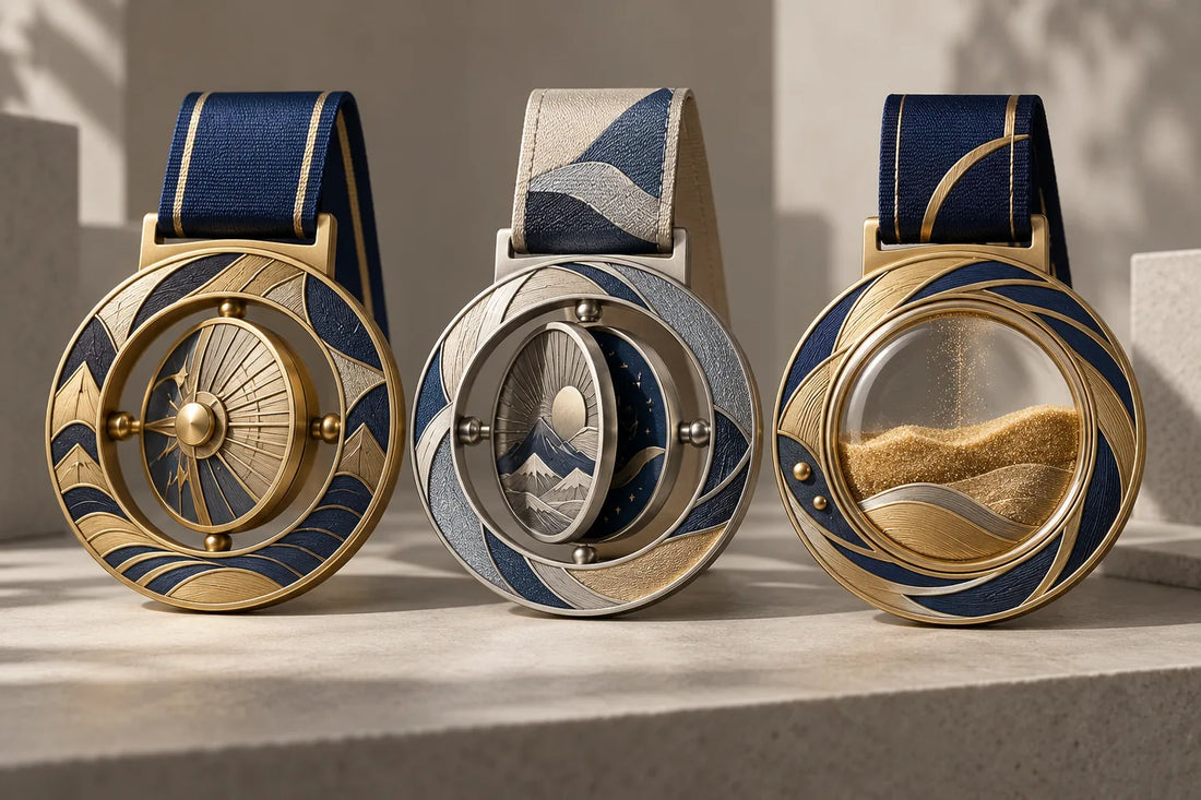 Three interactive custom medal concepts with spinning, rotatable, and liquid-sand structures
