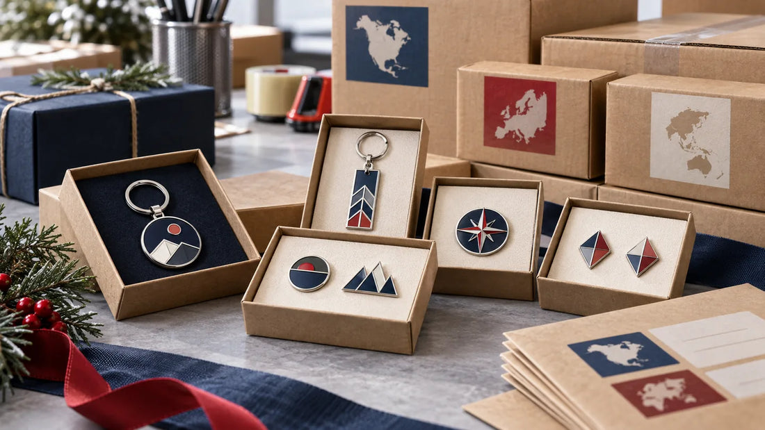 Custom metal keychains and pins organized for multi-location holiday gift shipments