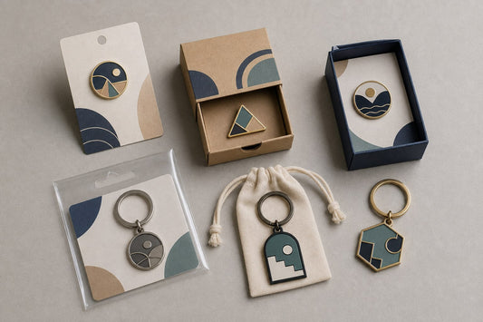 Custom enamel pins and keychains displayed in backing cards, sleeves, pouches and gift boxes