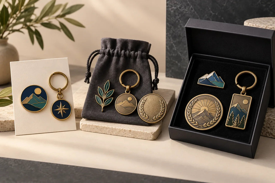 Three tiers of custom corporate gifts with pins, keychains, medals, and presentation packaging