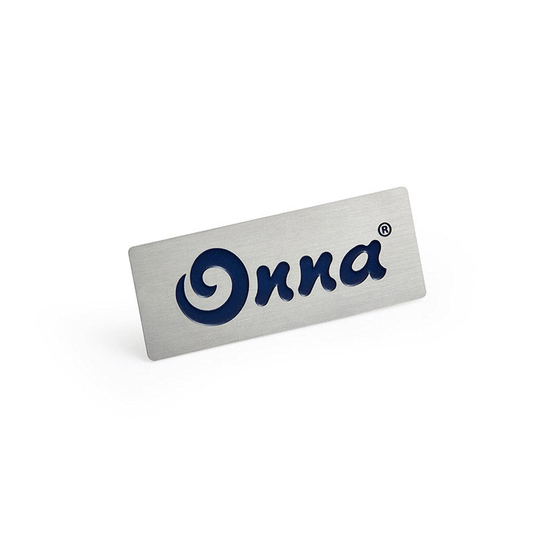 Custom Aluminum Name Tags featuring corporate logo for employee identification