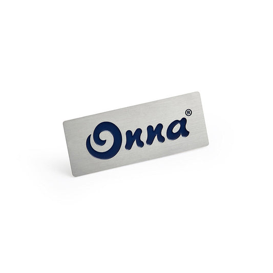 Custom Aluminum Name Tags featuring corporate logo for employee identification
