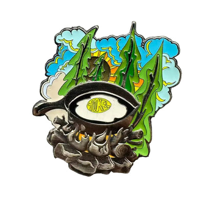 Custom shaped enamel art pin with layered landscape design
