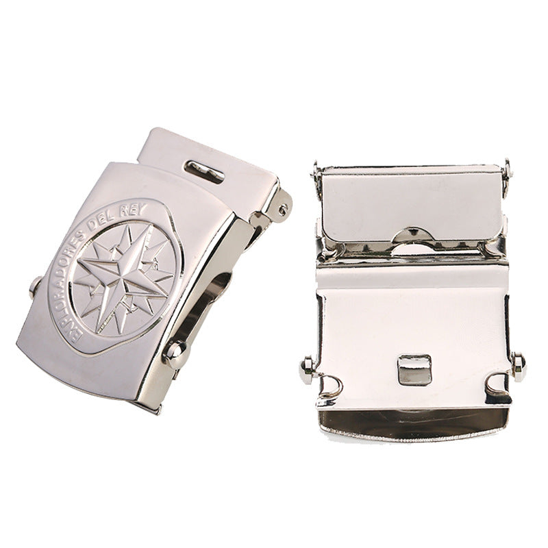 Custom metal belt buckle mechanism shown from front and back