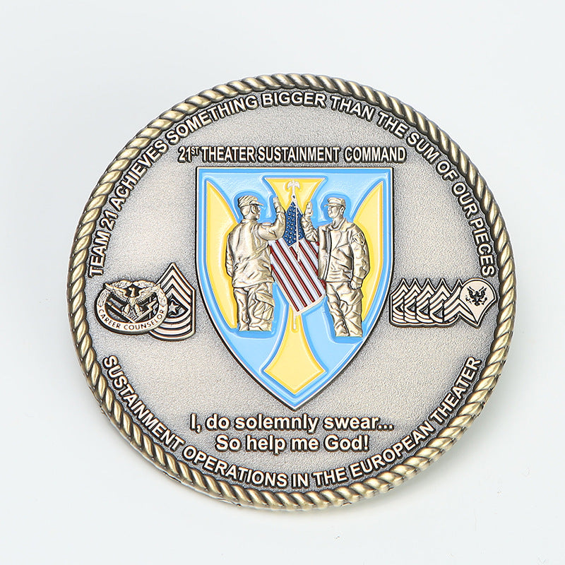 Custom commemorative coin with enamel and antique metal finish