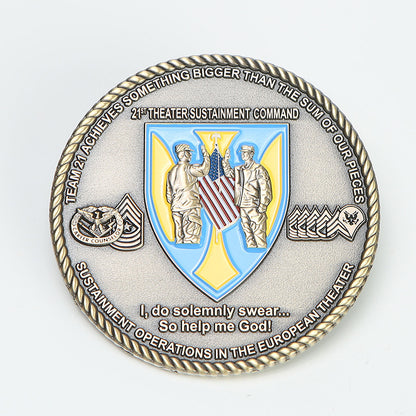 Custom commemorative coin with enamel and antique metal finish