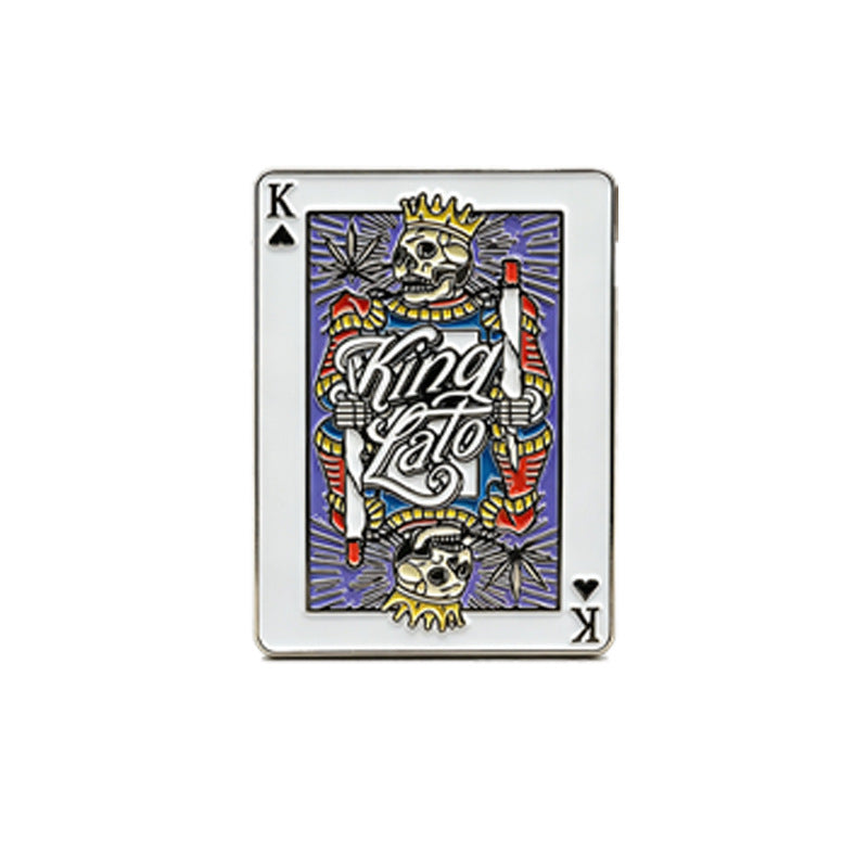 Custom playing card enamel pin on white background