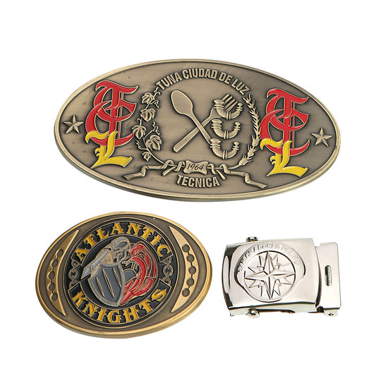 Custom oval metal belt buckle with antique finish and enamel