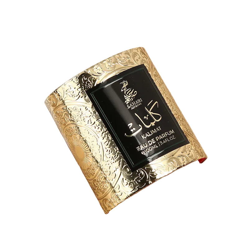 Decorative metal logo plate applied to premium perfume packaging