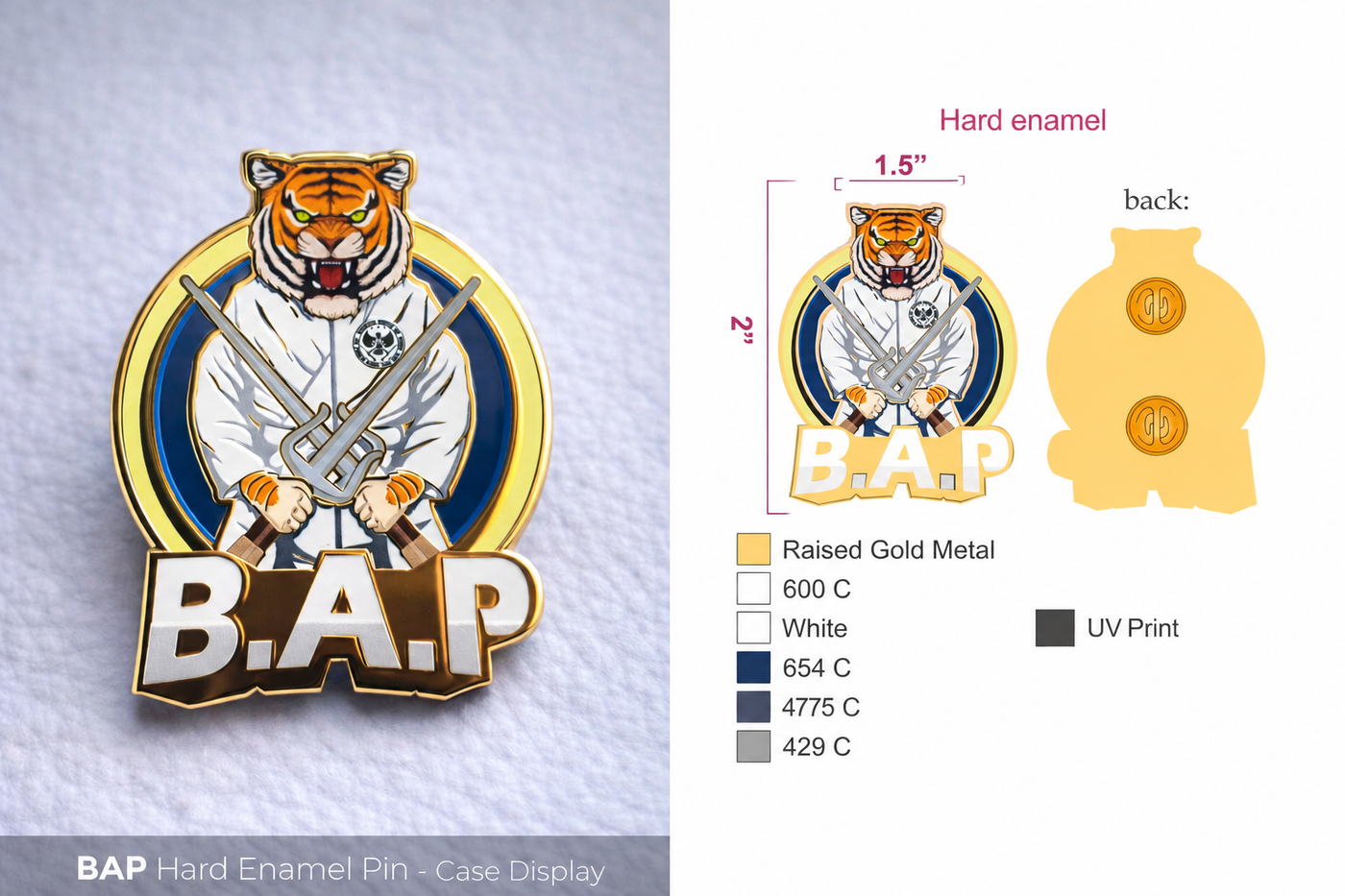 Design artwork compared with finished custom enamel pin