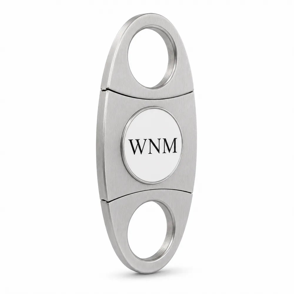 Brushed metal double-guillotine cigar cutter side angle