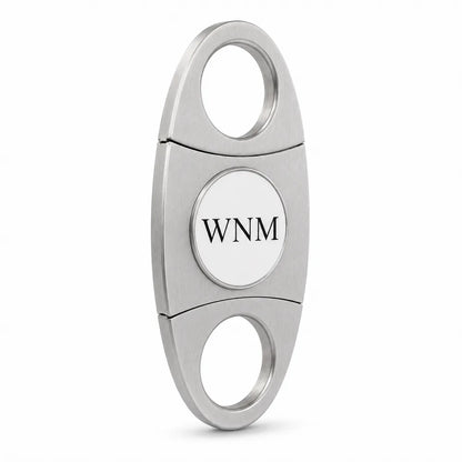 Brushed metal double-guillotine cigar cutter side angle