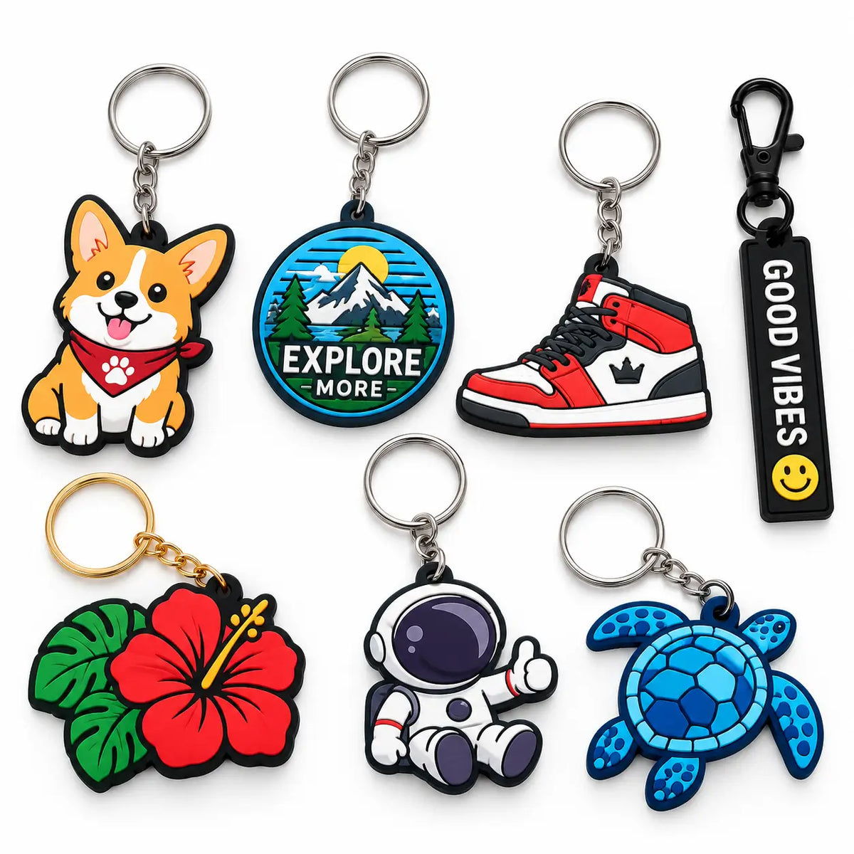 Examples of custom 2D and 3D PVC keychain designs