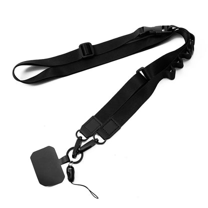Black adjustable lanyard with badge and phone attachments