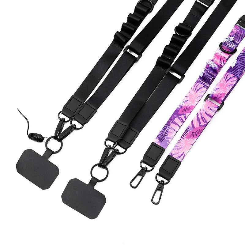 Custom adjustable lanyards with badge, phone, and hook attachments