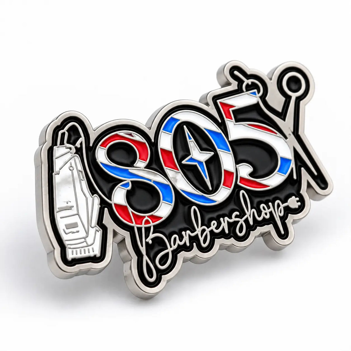 Angled view of custom barbershop soft enamel pin
