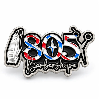 Custom barbershop soft enamel pin front view on white background