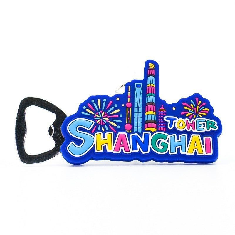 Custom city souvenir PVC bottle opener with colorful skyline design