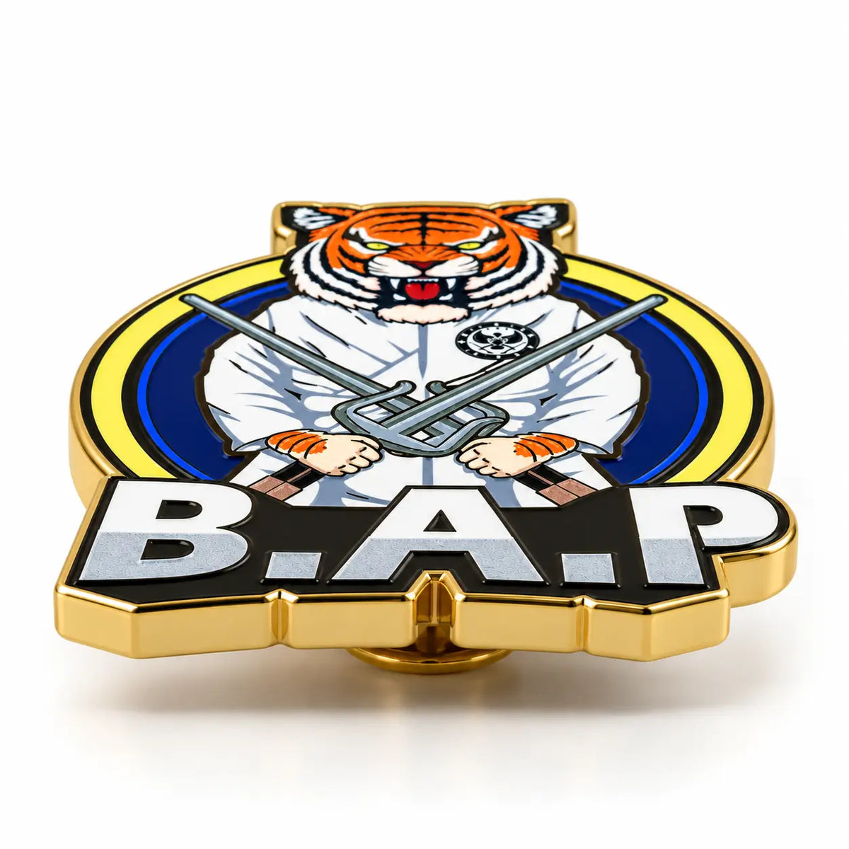 Low angle view of a custom hard enamel pin