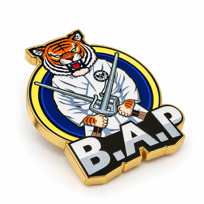 Custom hard enamel team logo pin angled view