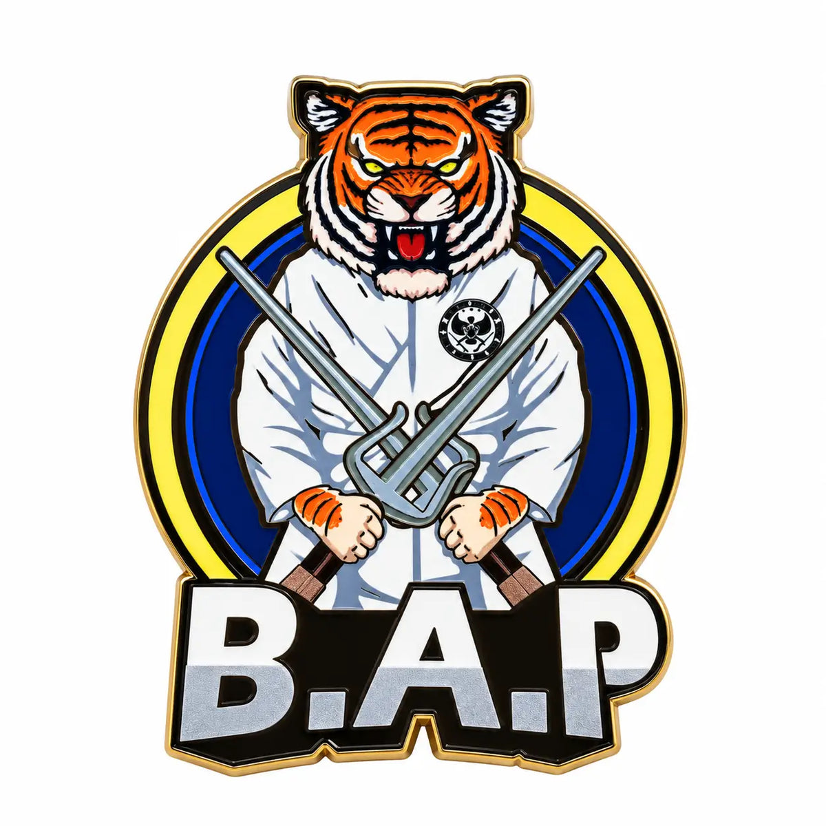Custom hard enamel team logo pin front view on white background