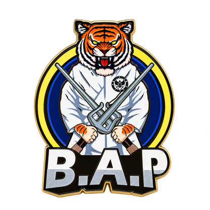 Custom hard enamel team logo pin front view on white background