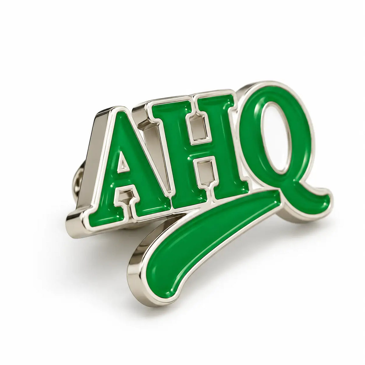 Angled view of custom letter logo soft enamel pin