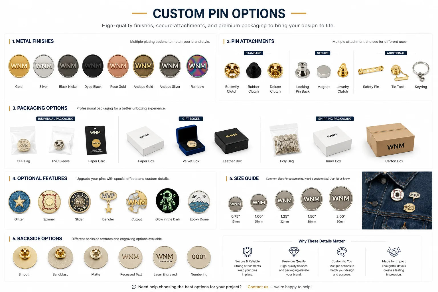 Custom metal pin options guide showing finishes attachments packaging sizes and backside options