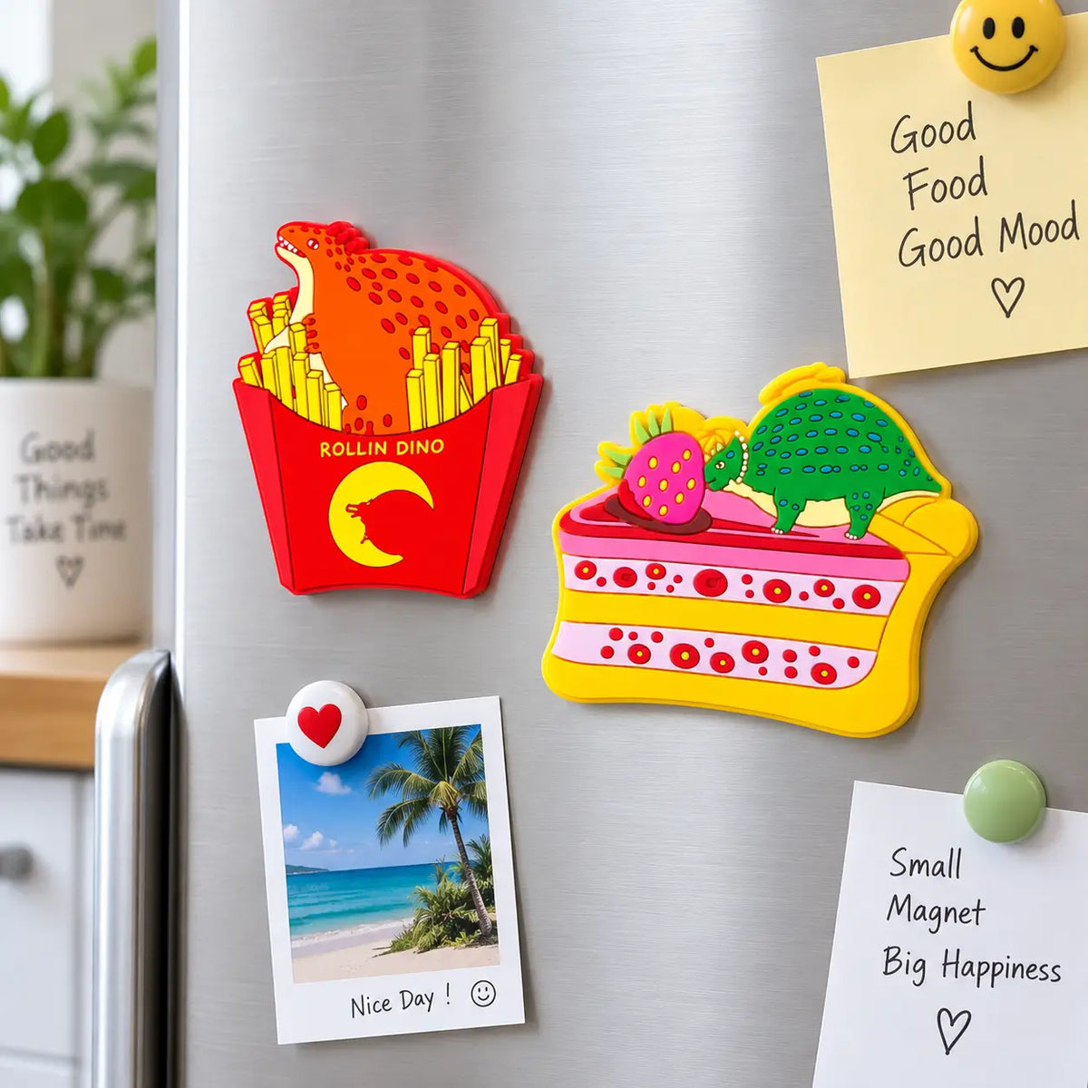 Custom food-shaped PVC magnets displayed on a refrigerator