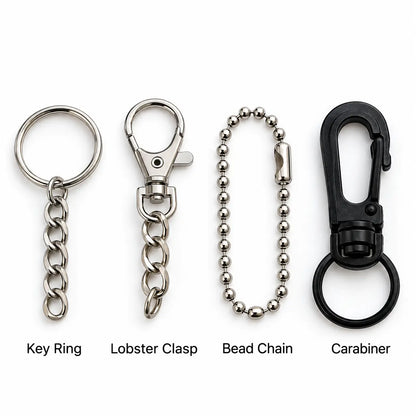 Key ring, lobster clasp, bead chain, and carabiner options for PVC keychains