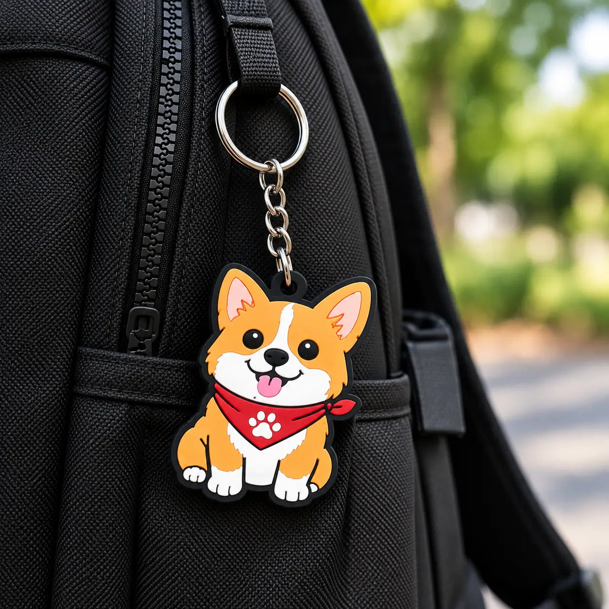 Custom PVC character keychain attached to a backpack