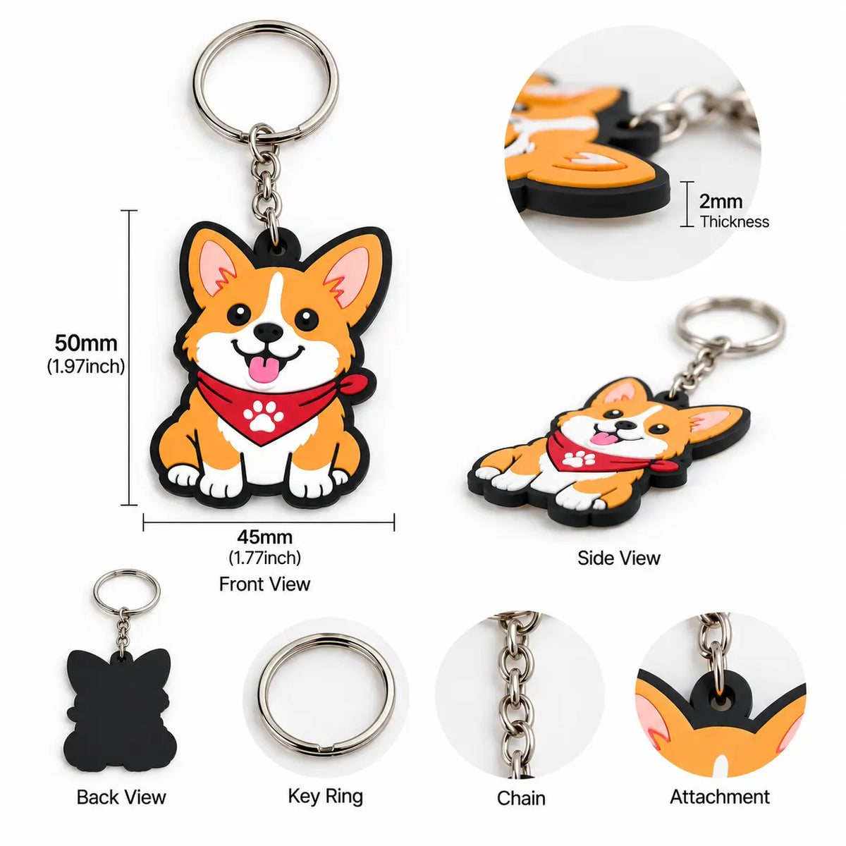 Custom PVC keychain size, thickness, back, chain, and attachment details