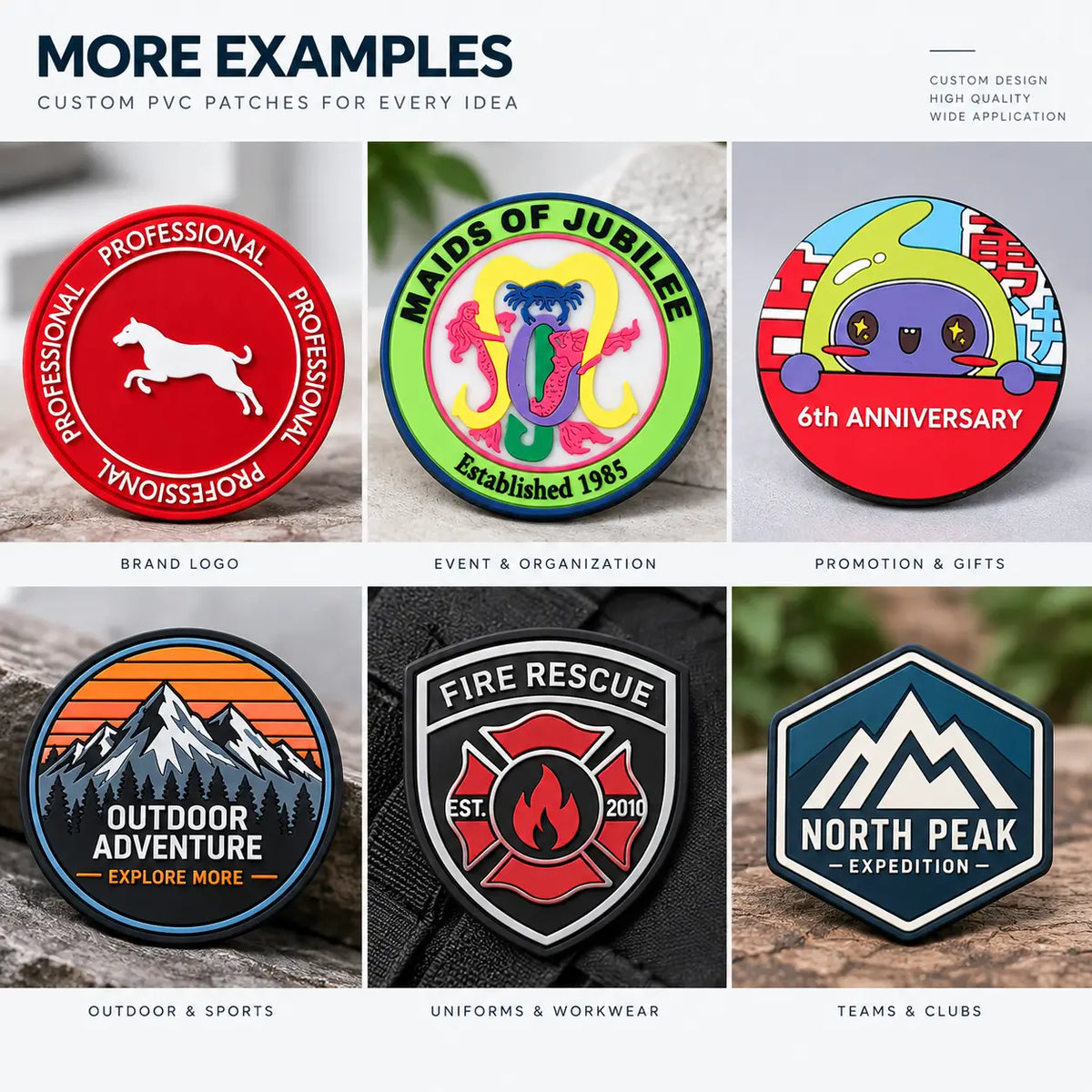 Examples of custom PVC patch designs for teams and brands
