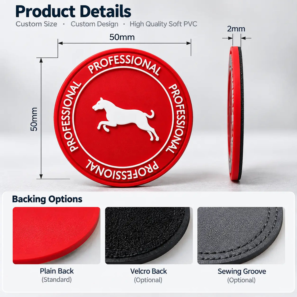 Custom PVC patch size, thickness, and backing options on white background