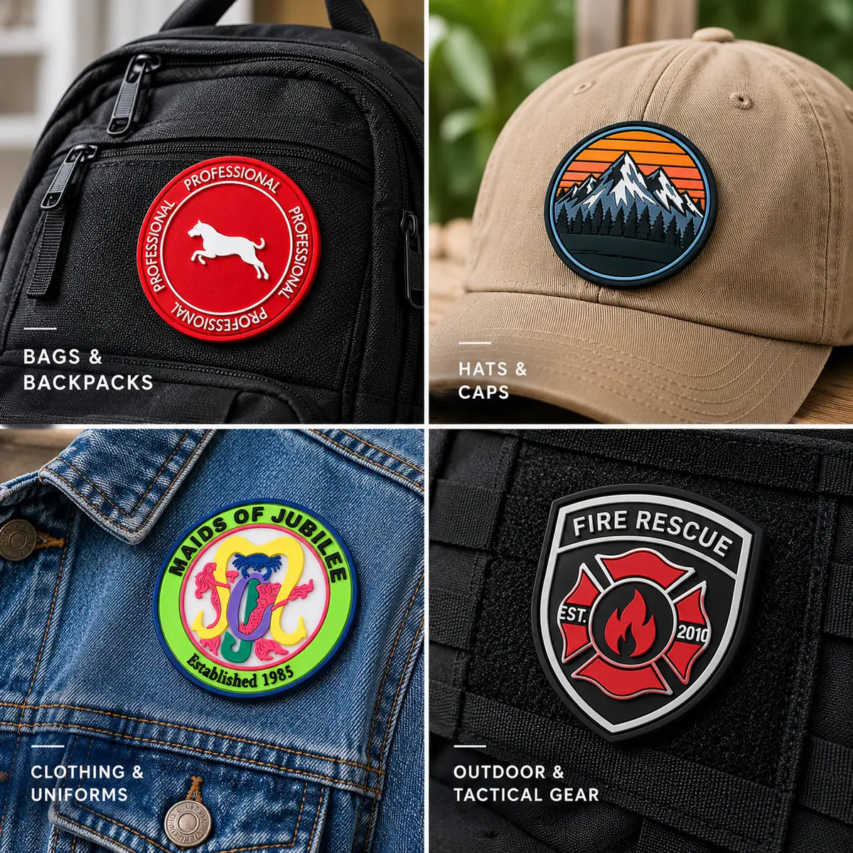 Custom PVC patches displayed on bags, hats, uniforms, and outdoor gear