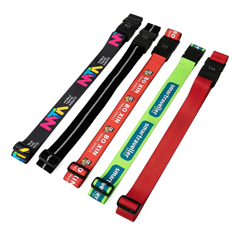 Custom RPET luggage straps with combination locks on white background