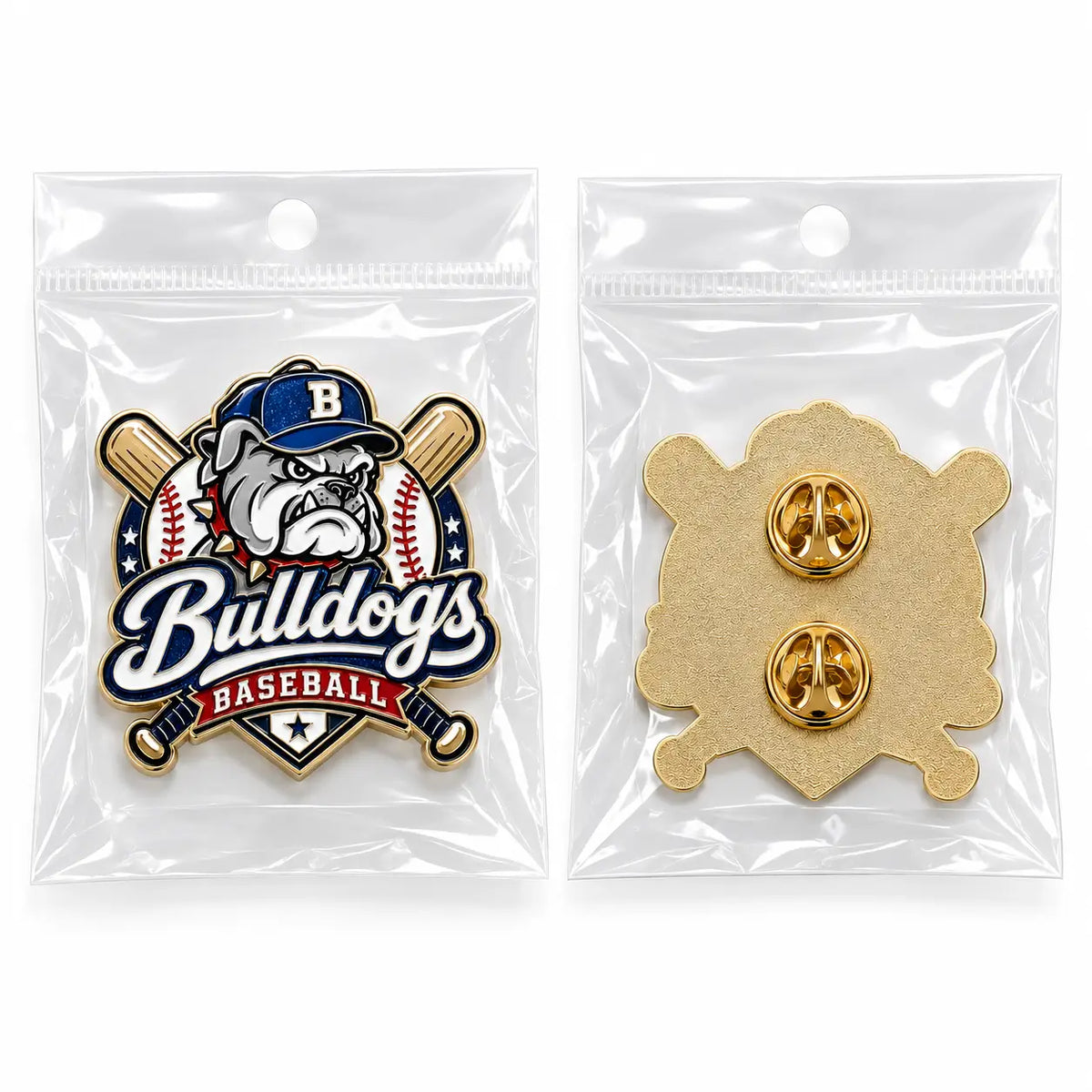 Front and back of custom sports trading pin in packaging
