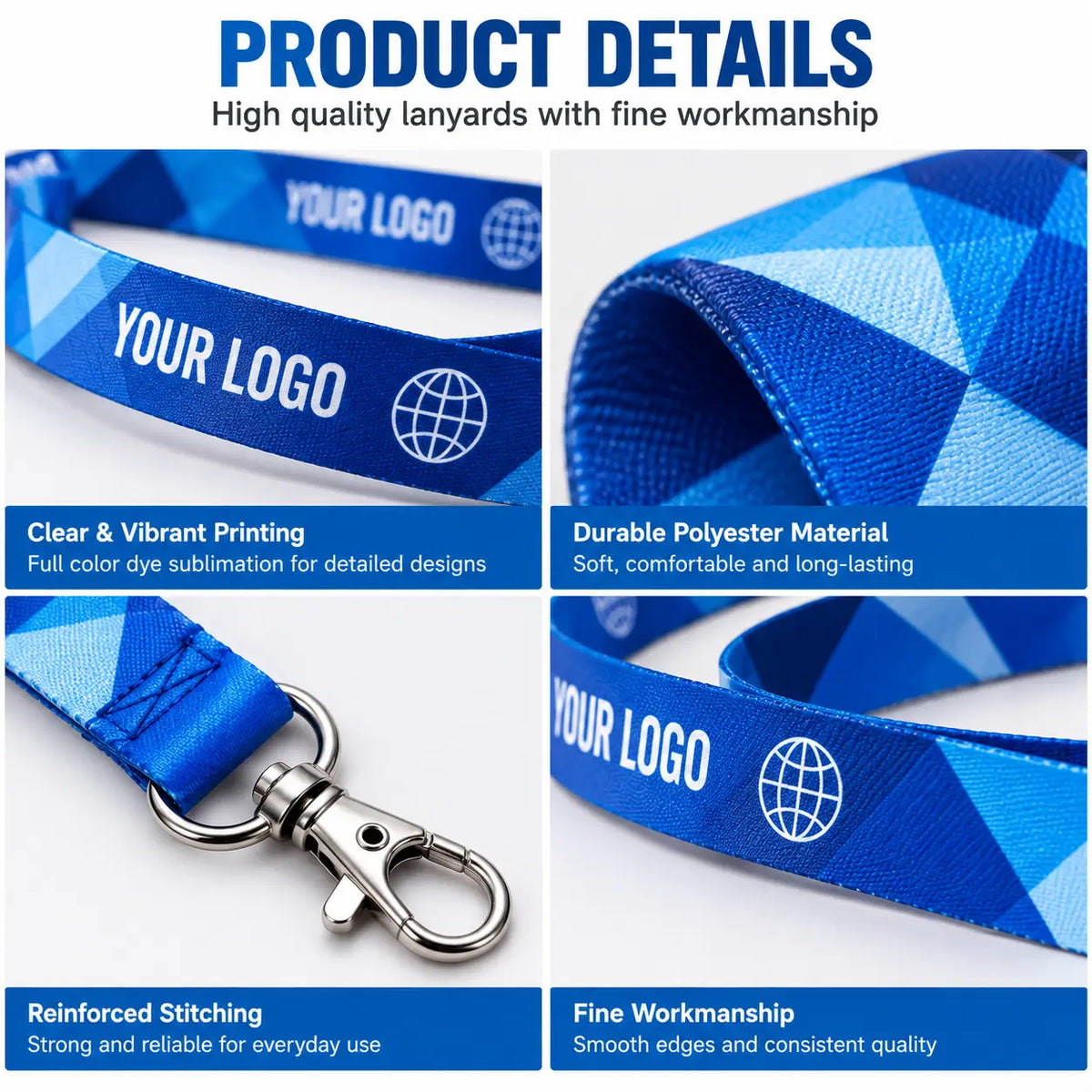Dye sublimation lanyard printing, material, stitching, and hardware details