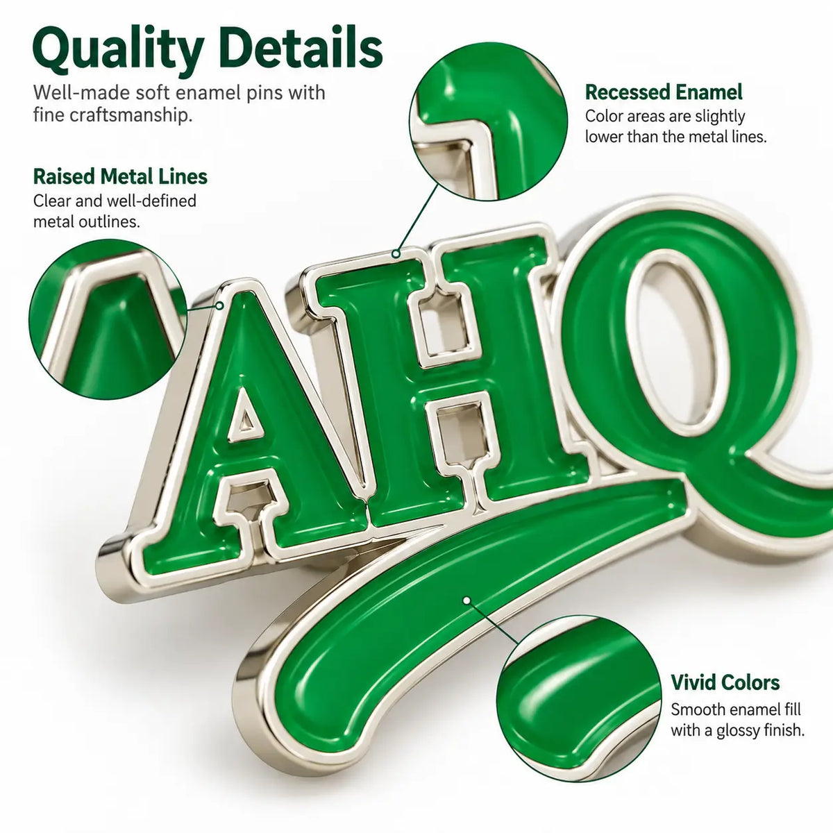 Raised metal and recessed color detail on soft enamel pin