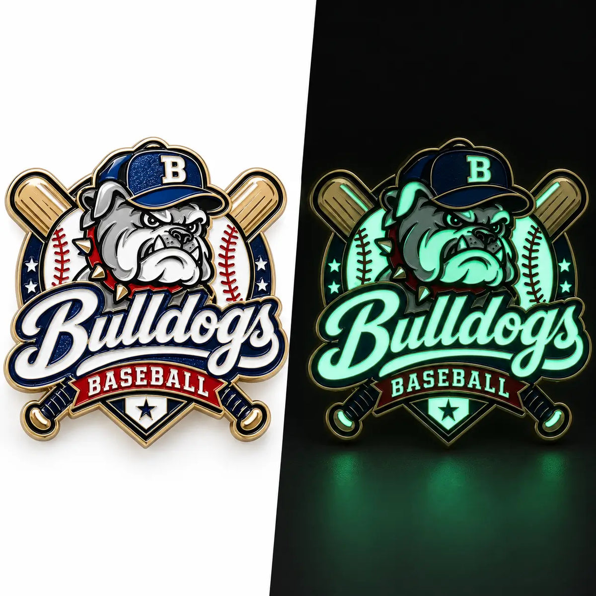 Day and night comparison of glow-in-the-dark sports trading pin