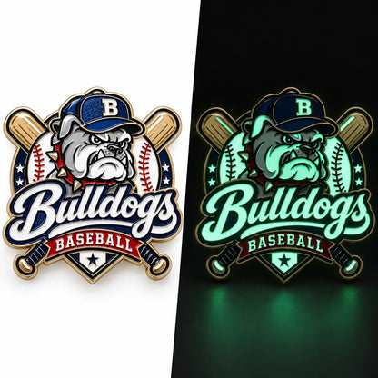 Day and night comparison of glow-in-the-dark sports trading pin